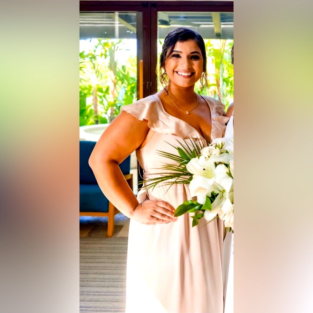 Gold bridesmaid dress, size 1X, brand is Show Me Your MuMu.